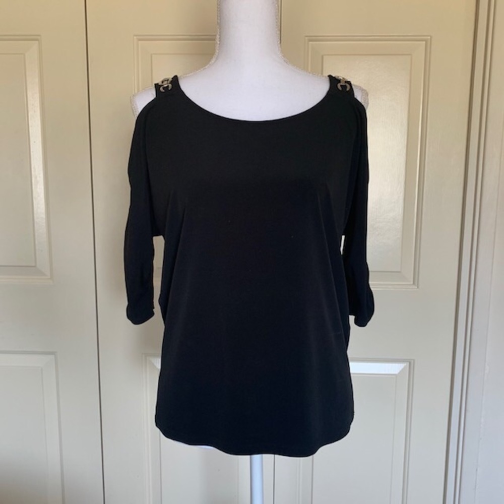 Chico’s Black Cold Shoulder Chain Top Size 1